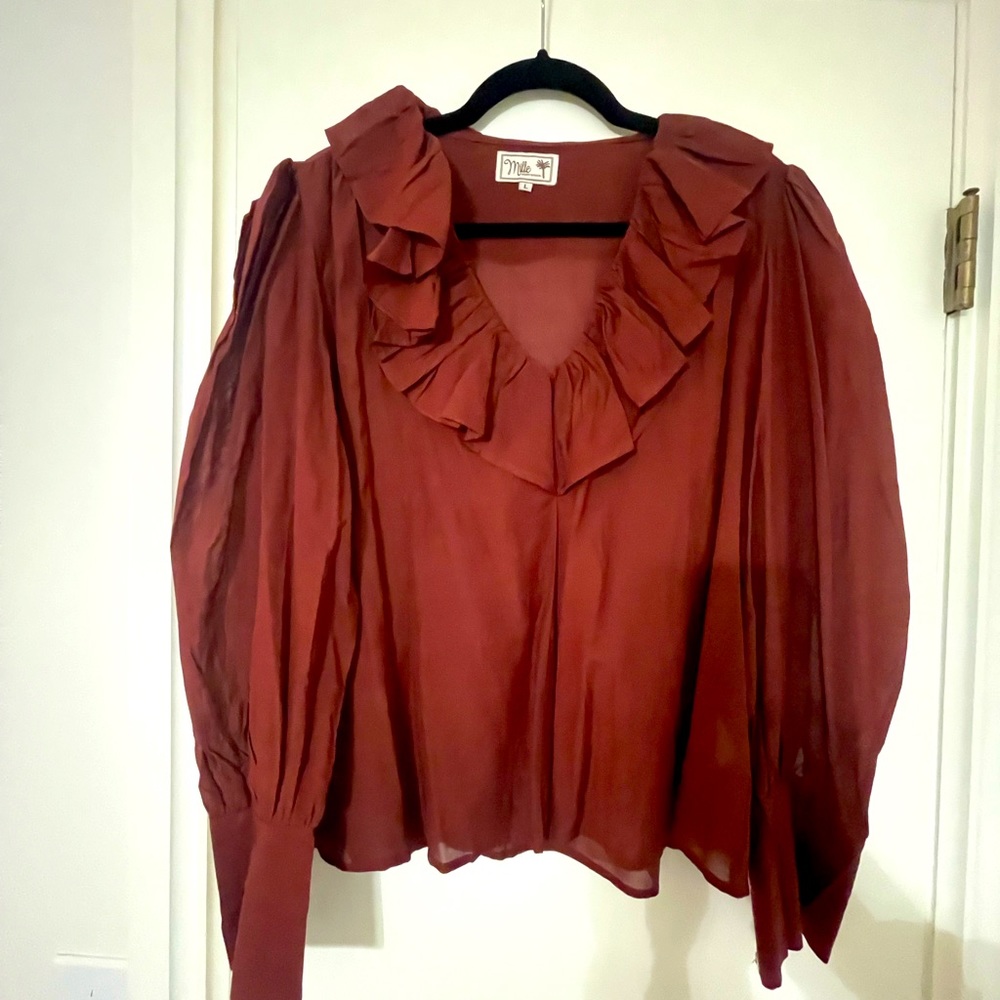 Mille Crimson Ruffle Neck Top